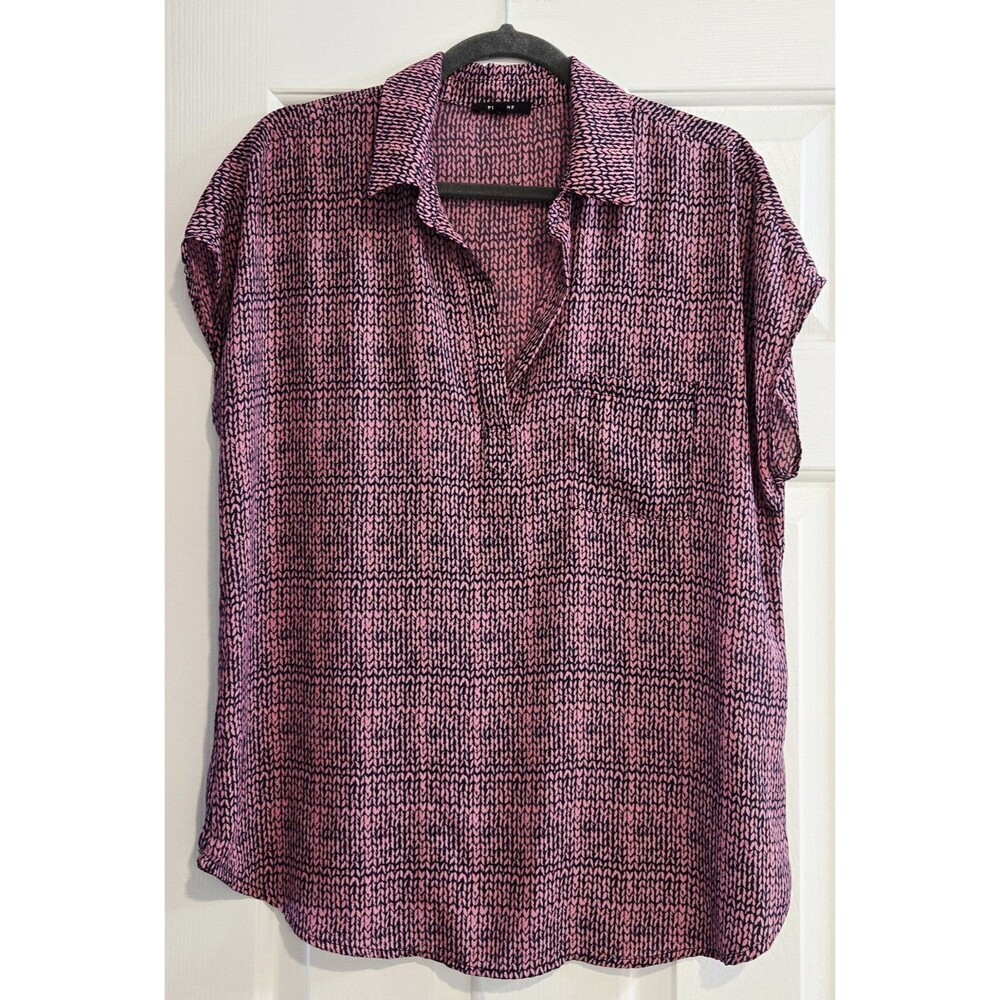PLEIONE Blouse Size L Large Pink Navy Print V-Neck Split Collar Popover Top